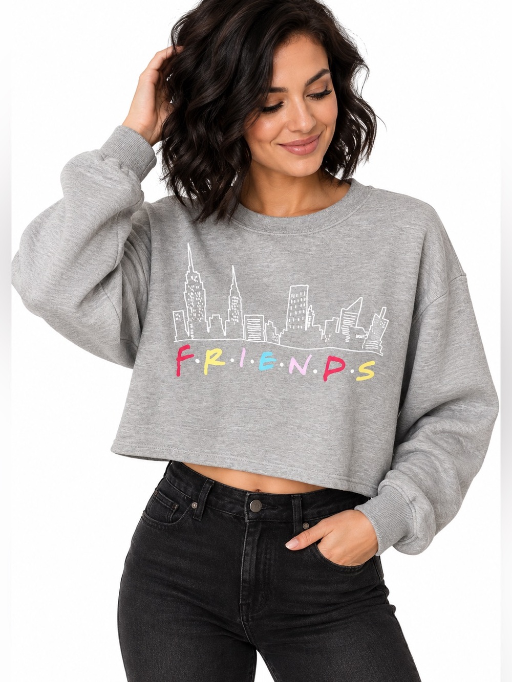 FRIENDS Tv The Television Series NYC Skyline Cropped Sweatshirt Gray Oversized S